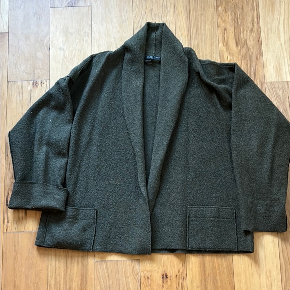 Eileen Fisher dark green merino cardigan. Size medium petite.